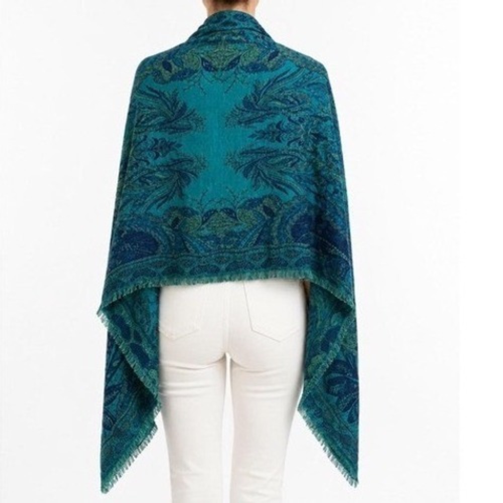 Paisley Shawl Wrap Women OS Teal Green Navy Fringed Excellent Boho Scarf